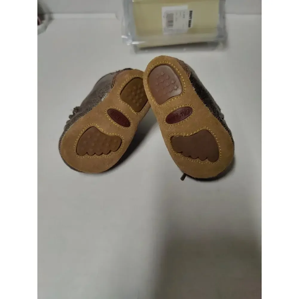 Baby Moccasins by Old West Brown Leather Shoes Toddler Size 1 Very Soft Sole.